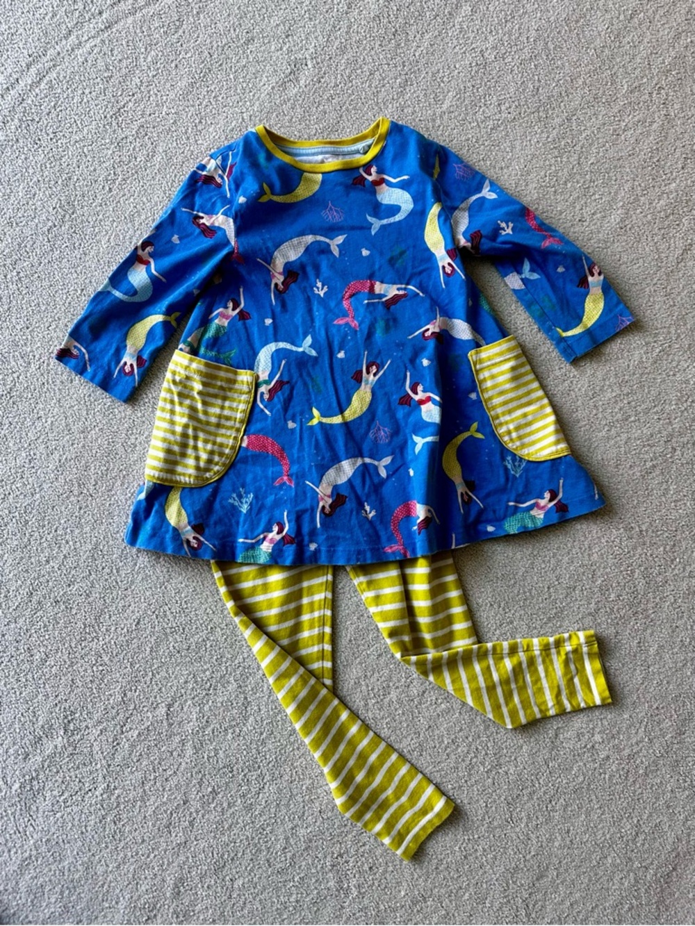 Mini Boden Mermaid Print Set with Yellow Striped Leggings